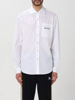 Palm Angels White Long-Sleeve Button-Down Shirt with Chest Script
